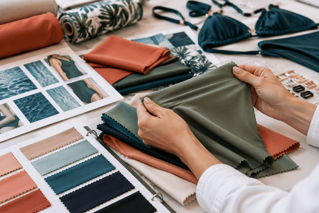 Designer checking the stretch and texture of swimwear fabric during material selection