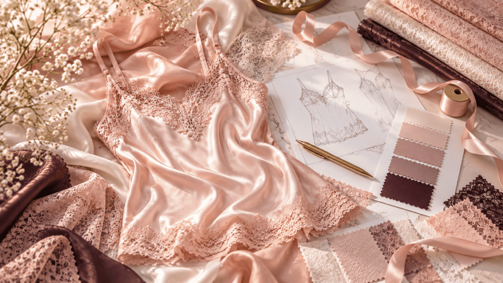 Underwear quality control with silk camisole, lace fabrics, design sketches, and material swatches.